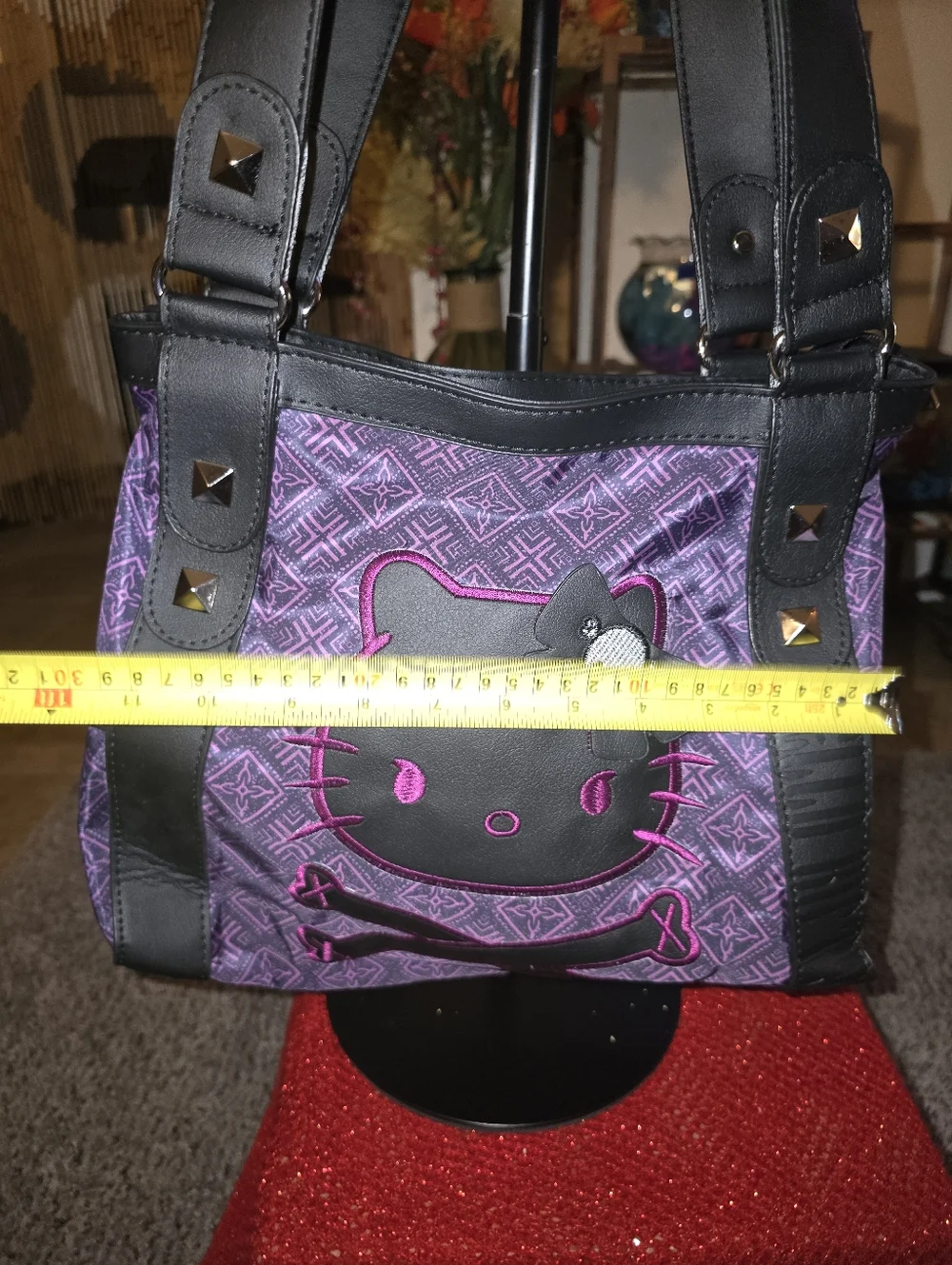 Purple/Black/Pink Skull Kitty Tote Bag with Studded Straps - Picture 15 of 15